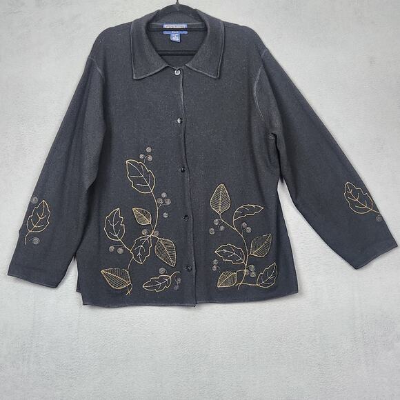 NEWTON TRADING CO Sweater Womens 1X Wool Cardigan Embroidered Leaves Floral - Picture 1 of 10